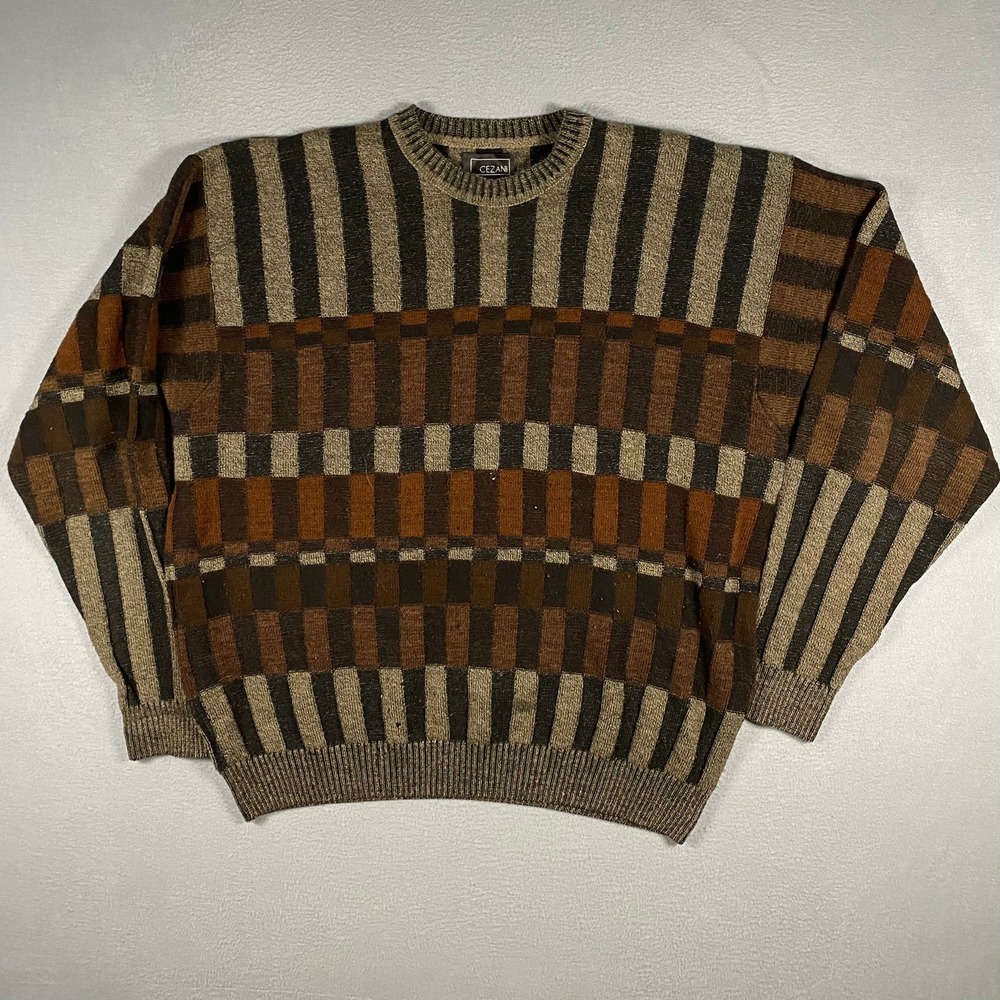 Cezani Sweater Mens XL Brown Vintage Geometric Wool Blend Knit Crewneck
